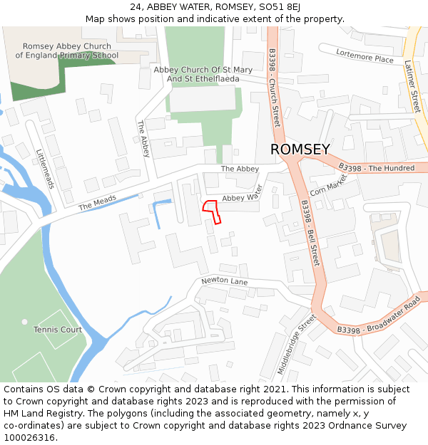 24, ABBEY WATER, ROMSEY, SO51 8EJ: Location map and indicative extent of plot