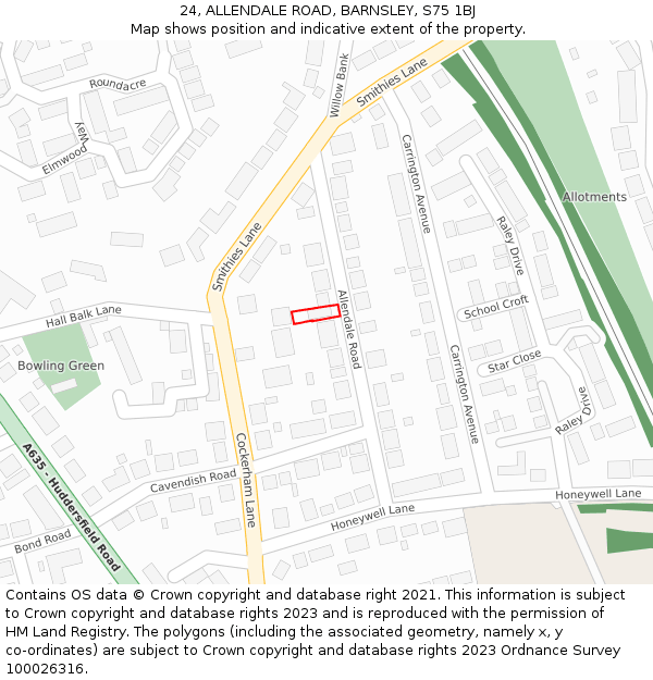 24, ALLENDALE ROAD, BARNSLEY, S75 1BJ: Location map and indicative extent of plot