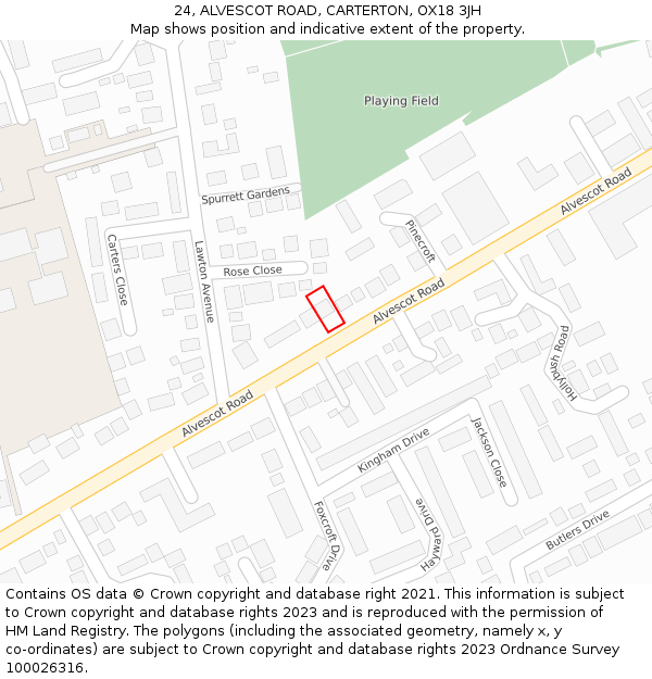 24, ALVESCOT ROAD, CARTERTON, OX18 3JH: Location map and indicative extent of plot