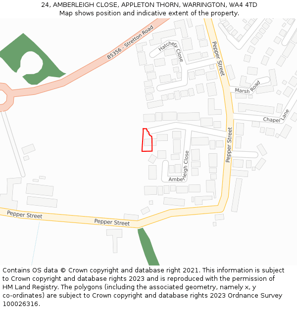 24, AMBERLEIGH CLOSE, APPLETON THORN, WARRINGTON, WA4 4TD: Location map and indicative extent of plot