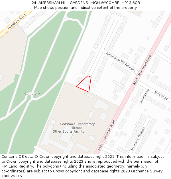 24, AMERSHAM HILL GARDENS, HIGH WYCOMBE, HP13 6QR: Location map and indicative extent of plot