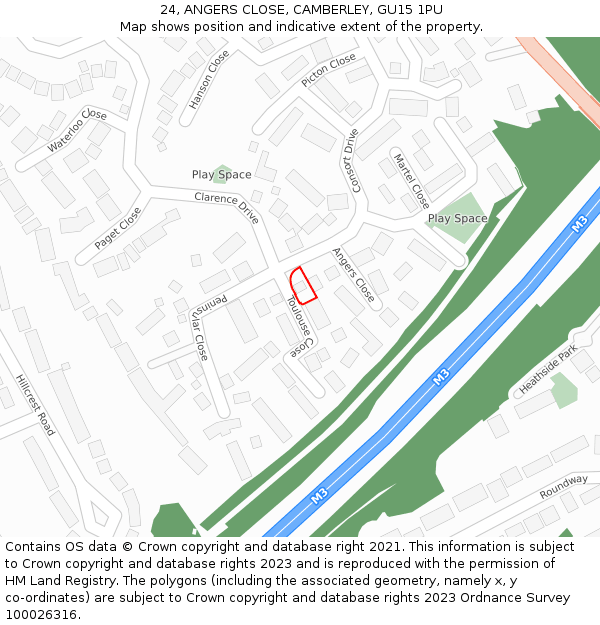 24, ANGERS CLOSE, CAMBERLEY, GU15 1PU: Location map and indicative extent of plot