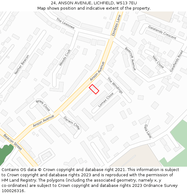 24, ANSON AVENUE, LICHFIELD, WS13 7EU: Location map and indicative extent of plot