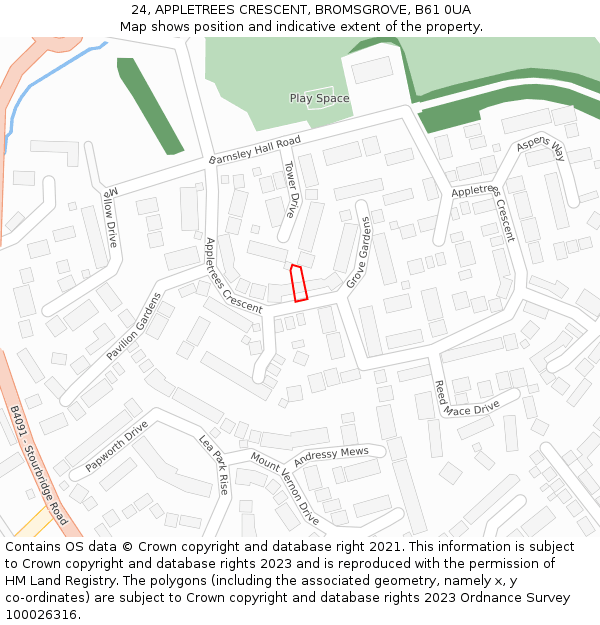 24, APPLETREES CRESCENT, BROMSGROVE, B61 0UA: Location map and indicative extent of plot