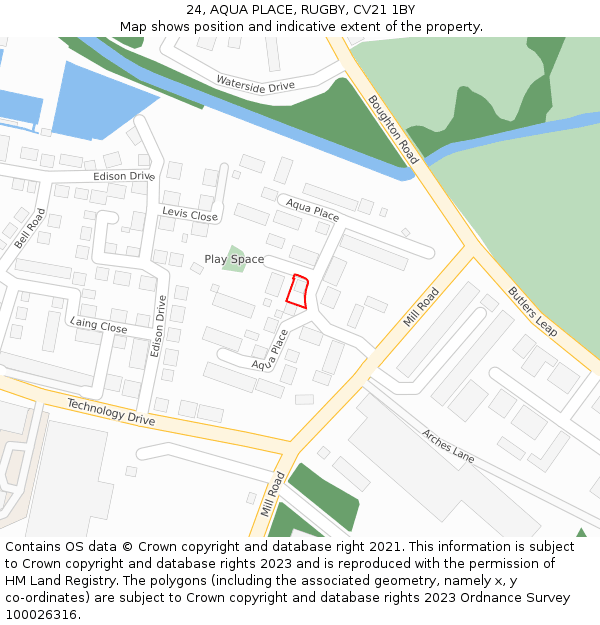 24, AQUA PLACE, RUGBY, CV21 1BY: Location map and indicative extent of plot