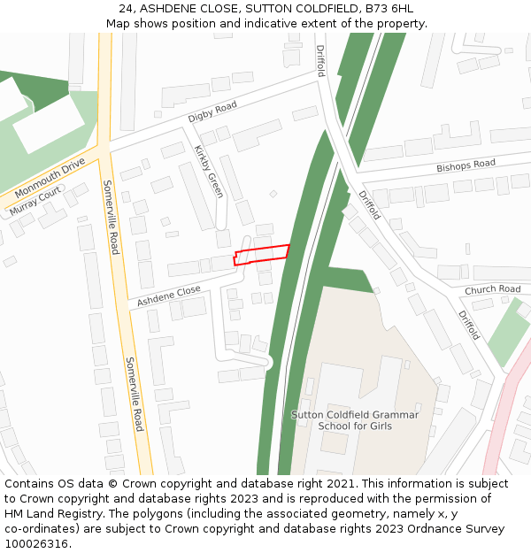 24, ASHDENE CLOSE, SUTTON COLDFIELD, B73 6HL: Location map and indicative extent of plot