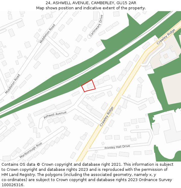 24, ASHWELL AVENUE, CAMBERLEY, GU15 2AR: Location map and indicative extent of plot