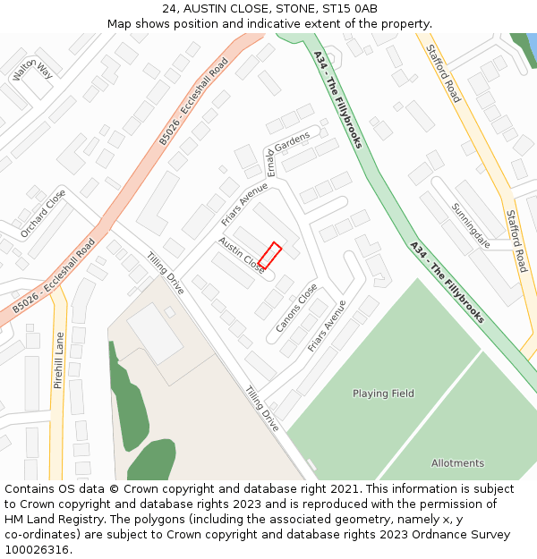 24, AUSTIN CLOSE, STONE, ST15 0AB: Location map and indicative extent of plot