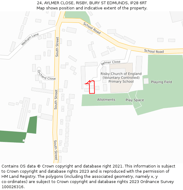 24, AYLMER CLOSE, RISBY, BURY ST EDMUNDS, IP28 6RT: Location map and indicative extent of plot