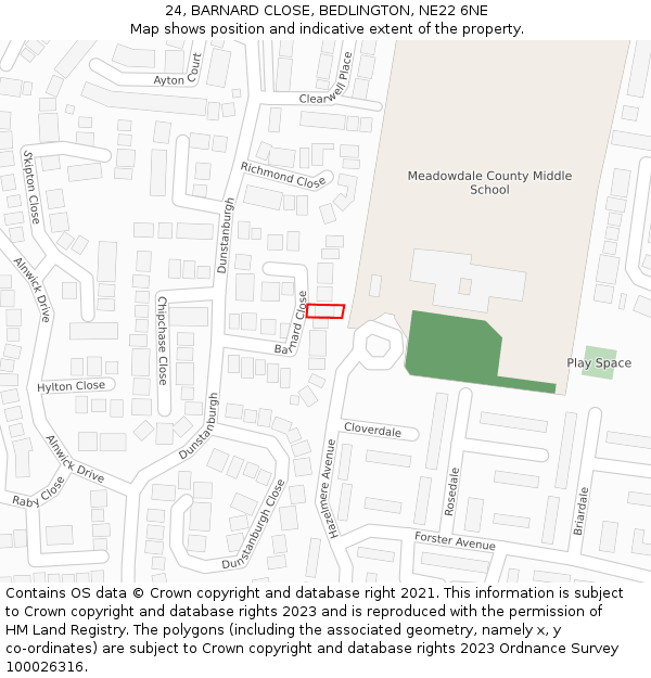 24, BARNARD CLOSE, BEDLINGTON, NE22 6NE: Location map and indicative extent of plot