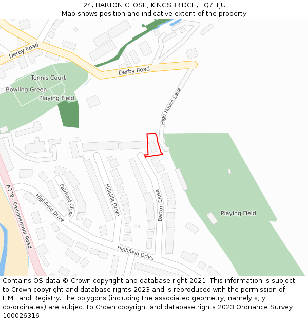 24, BARTON CLOSE, KINGSBRIDGE, TQ7 1JU: Location map and indicative extent of plot