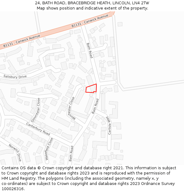 24, BATH ROAD, BRACEBRIDGE HEATH, LINCOLN, LN4 2TW: Location map and indicative extent of plot
