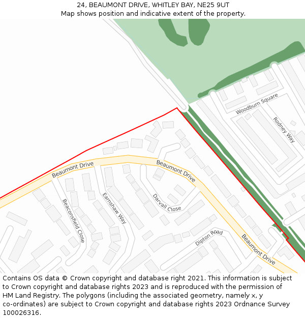 24, BEAUMONT DRIVE, WHITLEY BAY, NE25 9UT: Location map and indicative extent of plot