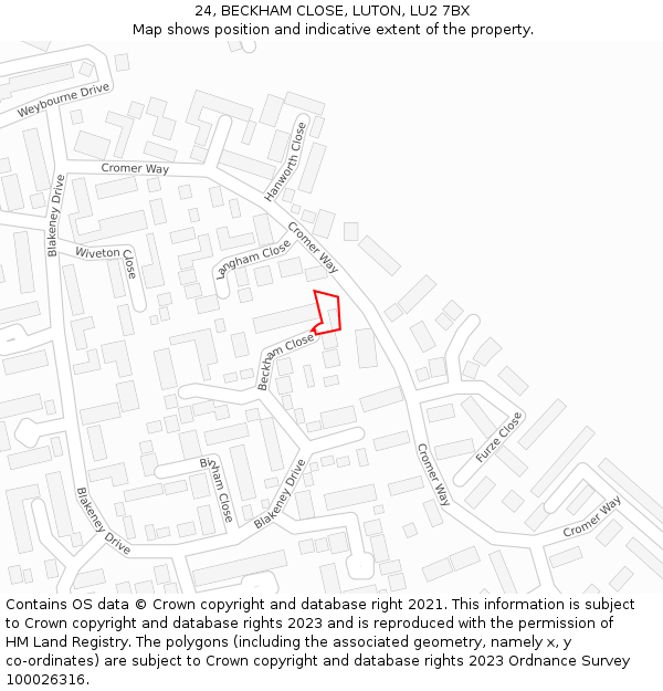 24, BECKHAM CLOSE, LUTON, LU2 7BX: Location map and indicative extent of plot