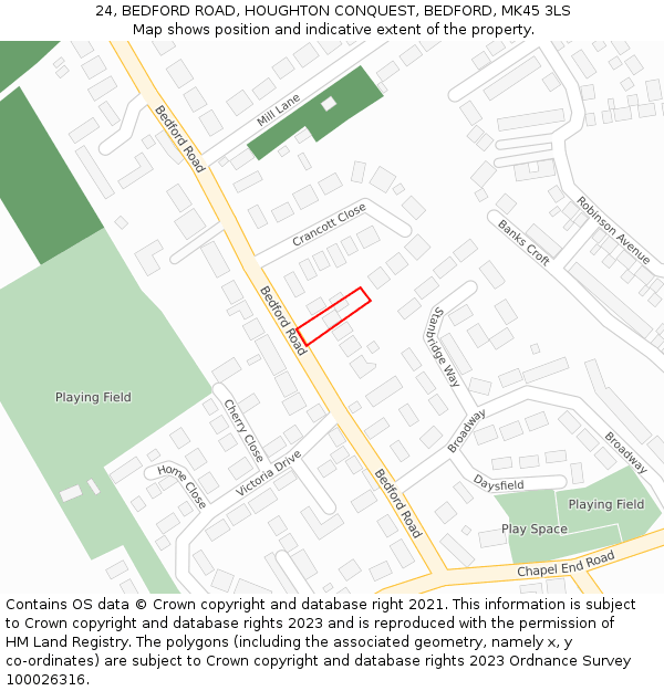 24, BEDFORD ROAD, HOUGHTON CONQUEST, BEDFORD, MK45 3LS: Location map and indicative extent of plot