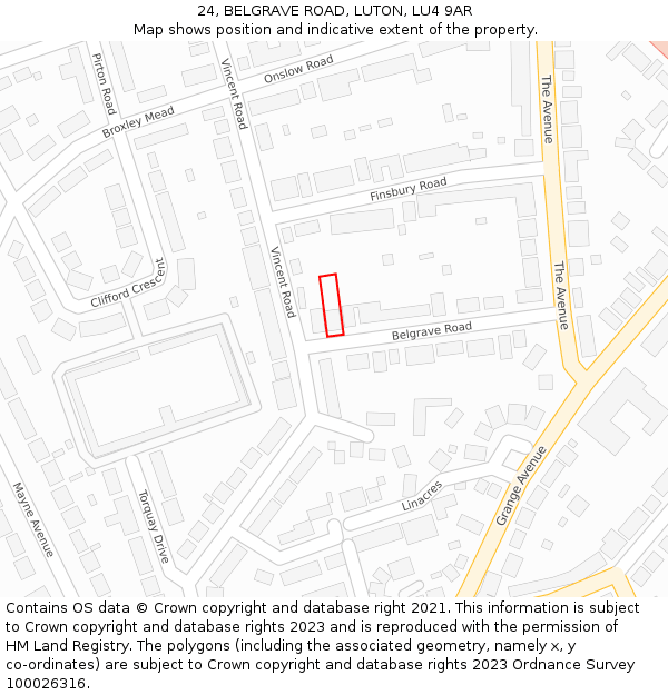 24, BELGRAVE ROAD, LUTON, LU4 9AR: Location map and indicative extent of plot