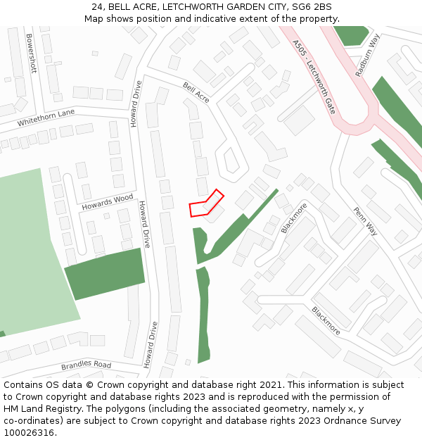 24, BELL ACRE, LETCHWORTH GARDEN CITY, SG6 2BS: Location map and indicative extent of plot