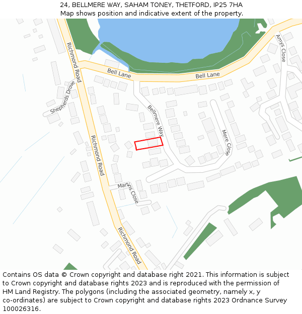 24, BELLMERE WAY, SAHAM TONEY, THETFORD, IP25 7HA: Location map and indicative extent of plot