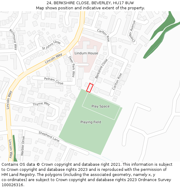 24, BERKSHIRE CLOSE, BEVERLEY, HU17 8UW: Location map and indicative extent of plot