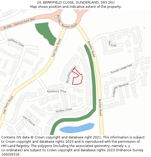 24, BERRYFIELD CLOSE, SUNDERLAND, SR3 2XU: Location map and indicative extent of plot