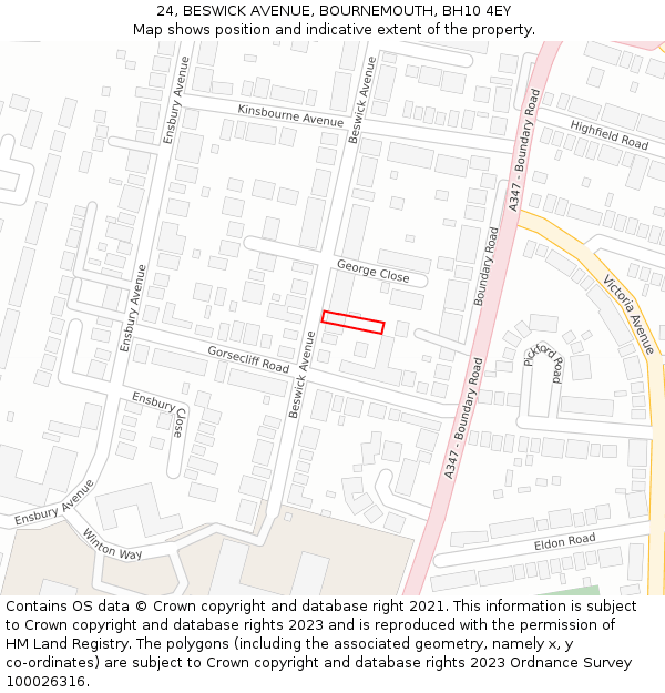 24, BESWICK AVENUE, BOURNEMOUTH, BH10 4EY: Location map and indicative extent of plot