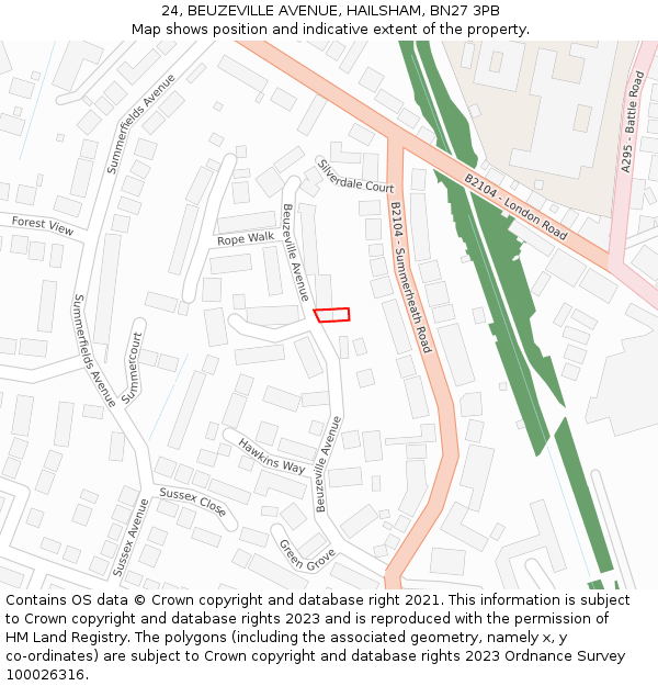 24, BEUZEVILLE AVENUE, HAILSHAM, BN27 3PB: Location map and indicative extent of plot