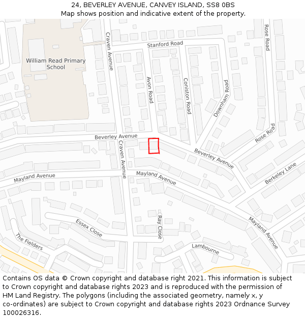 24, BEVERLEY AVENUE, CANVEY ISLAND, SS8 0BS: Location map and indicative extent of plot