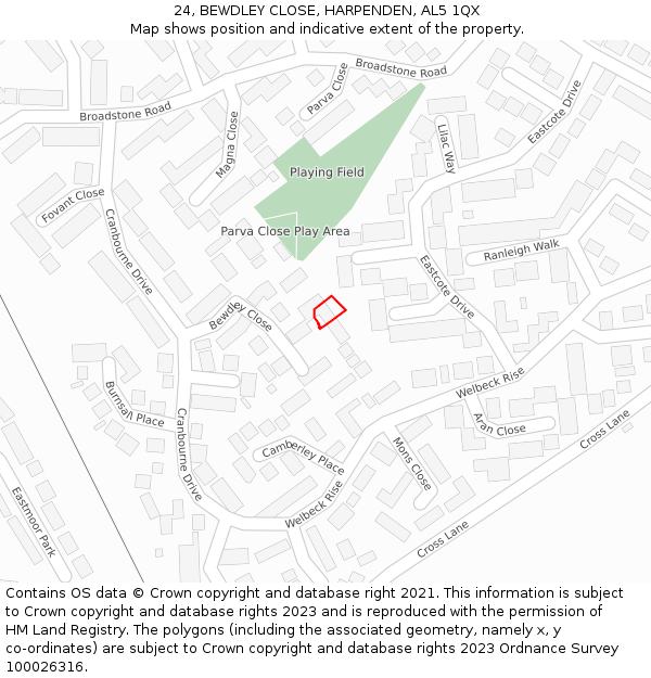 24, BEWDLEY CLOSE, HARPENDEN, AL5 1QX: Location map and indicative extent of plot