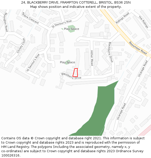 24, BLACKBERRY DRIVE, FRAMPTON COTTERELL, BRISTOL, BS36 2SN: Location map and indicative extent of plot