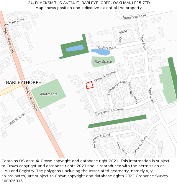 24, BLACKSMITHS AVENUE, BARLEYTHORPE, OAKHAM, LE15 7TD: Location map and indicative extent of plot