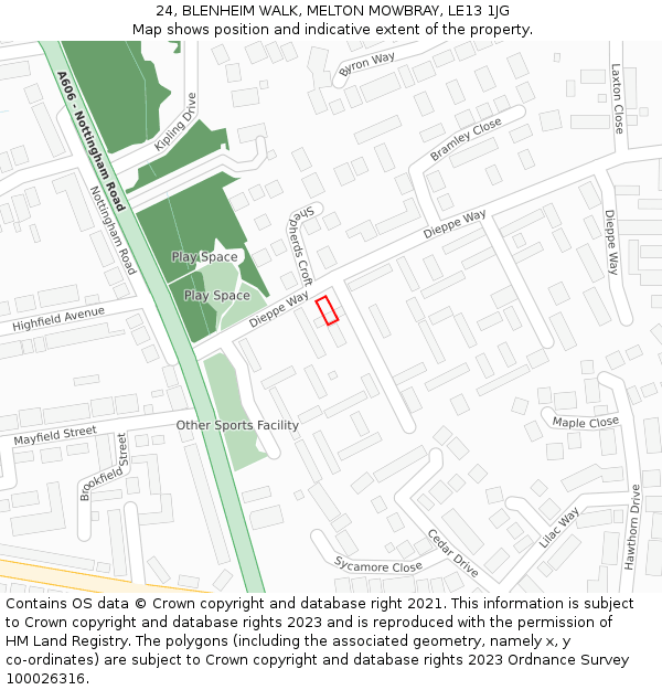 24, BLENHEIM WALK, MELTON MOWBRAY, LE13 1JG: Location map and indicative extent of plot