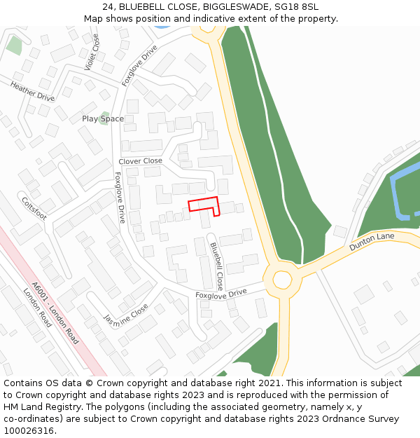 24, BLUEBELL CLOSE, BIGGLESWADE, SG18 8SL: Location map and indicative extent of plot