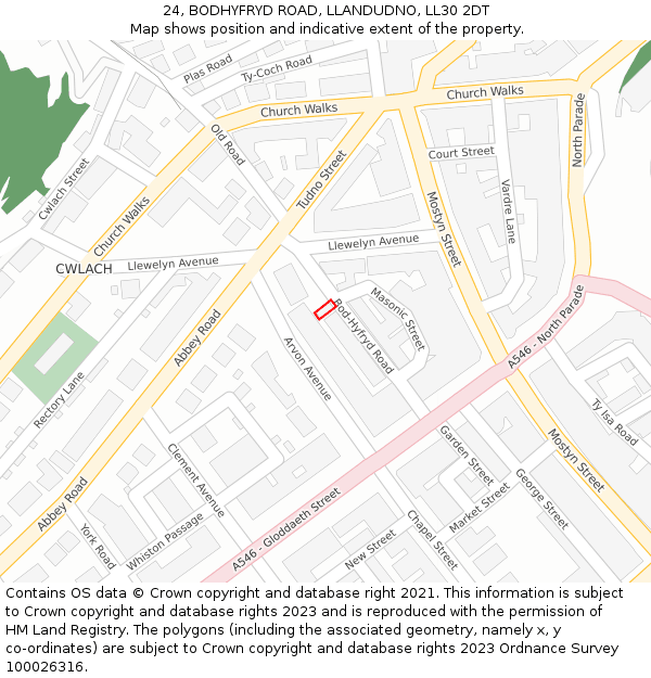 24, BODHYFRYD ROAD, LLANDUDNO, LL30 2DT: Location map and indicative extent of plot