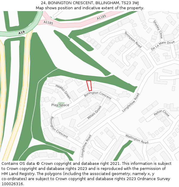 24, BONINGTON CRESCENT, BILLINGHAM, TS23 3WJ: Location map and indicative extent of plot