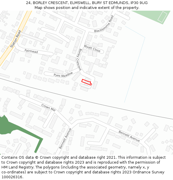 24, BORLEY CRESCENT, ELMSWELL, BURY ST EDMUNDS, IP30 9UG: Location map and indicative extent of plot