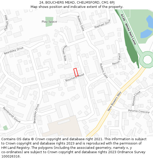 24, BOUCHERS MEAD, CHELMSFORD, CM1 6PJ: Location map and indicative extent of plot