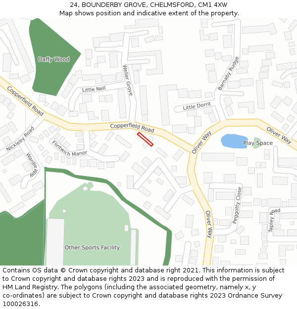 24, BOUNDERBY GROVE, CHELMSFORD, CM1 4XW: Location map and indicative extent of plot