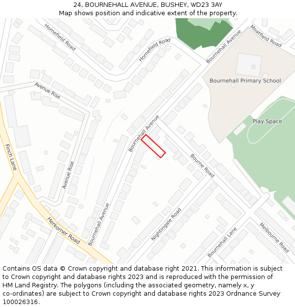24, BOURNEHALL AVENUE, BUSHEY, WD23 3AY: Location map and indicative extent of plot