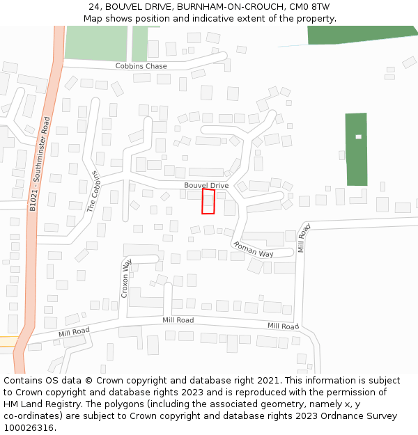 24, BOUVEL DRIVE, BURNHAM-ON-CROUCH, CM0 8TW: Location map and indicative extent of plot