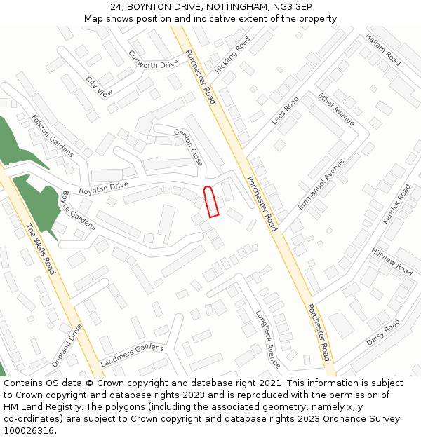 24, BOYNTON DRIVE, NOTTINGHAM, NG3 3EP: Location map and indicative extent of plot