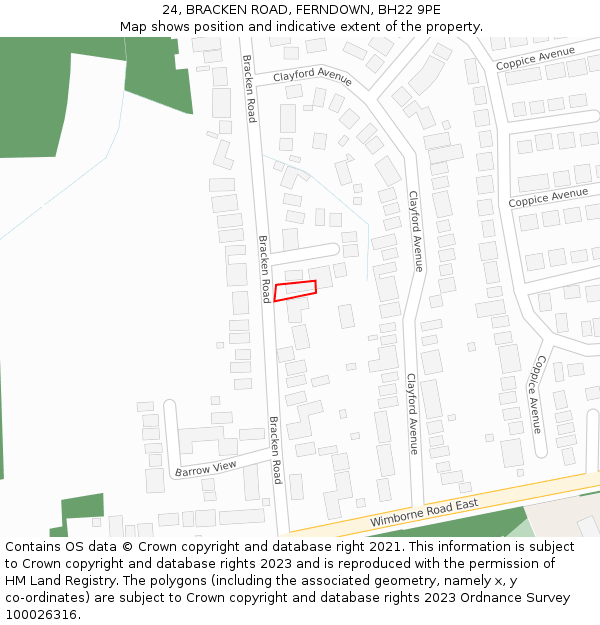24, BRACKEN ROAD, FERNDOWN, BH22 9PE: Location map and indicative extent of plot