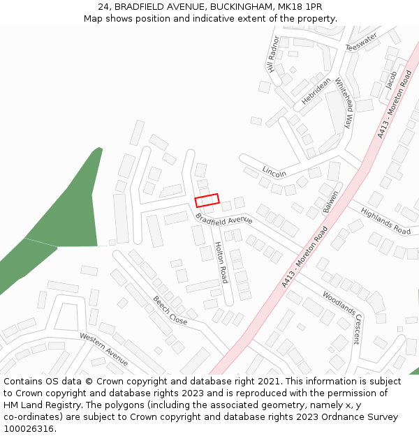 24, BRADFIELD AVENUE, BUCKINGHAM, MK18 1PR: Location map and indicative extent of plot