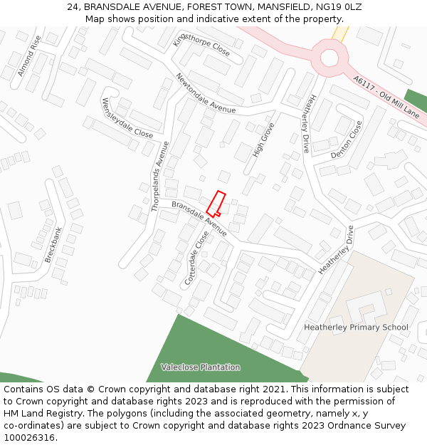 24, BRANSDALE AVENUE, FOREST TOWN, MANSFIELD, NG19 0LZ: Location map and indicative extent of plot