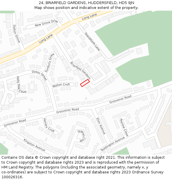 24, BRIARFIELD GARDENS, HUDDERSFIELD, HD5 9JN: Location map and indicative extent of plot