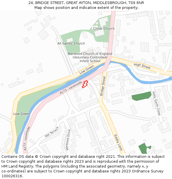 24, BRIDGE STREET, GREAT AYTON, MIDDLESBROUGH, TS9 6NR: Location map and indicative extent of plot