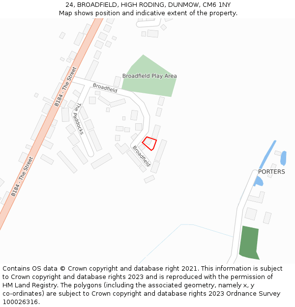 24, BROADFIELD, HIGH RODING, DUNMOW, CM6 1NY: Location map and indicative extent of plot