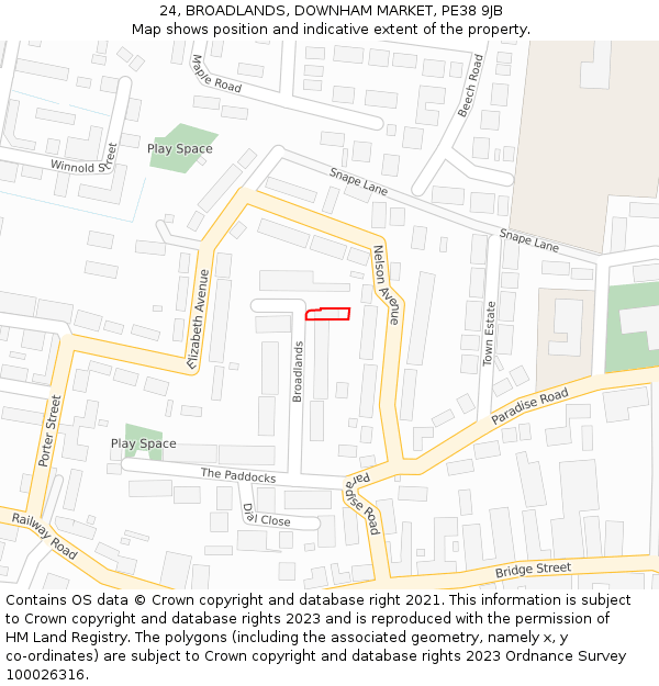 24, BROADLANDS, DOWNHAM MARKET, PE38 9JB: Location map and indicative extent of plot