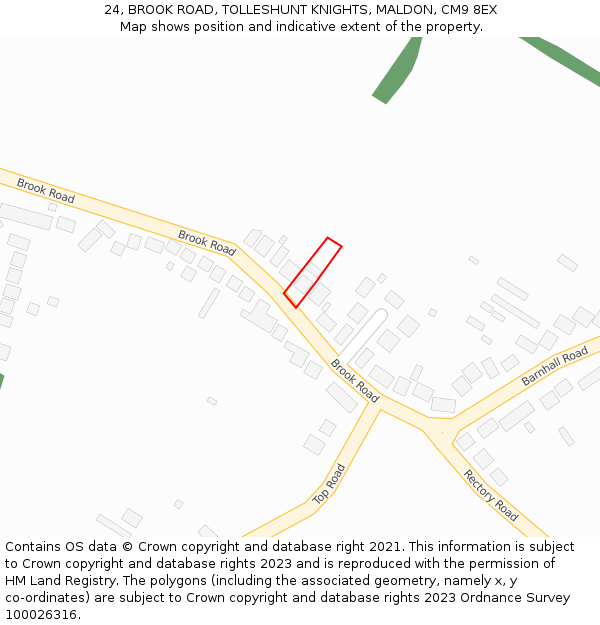 24, BROOK ROAD, TOLLESHUNT KNIGHTS, MALDON, CM9 8EX: Location map and indicative extent of plot