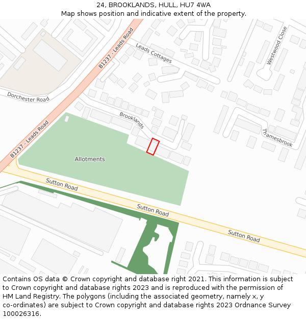 24, BROOKLANDS, HULL, HU7 4WA: Location map and indicative extent of plot