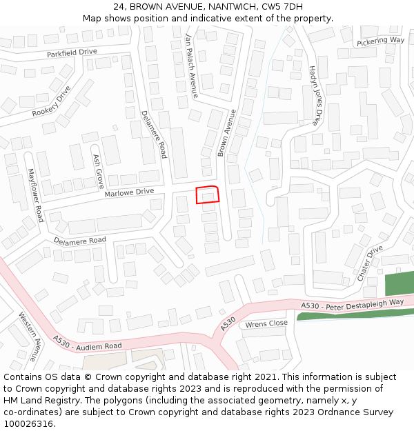 24, BROWN AVENUE, NANTWICH, CW5 7DH: Location map and indicative extent of plot